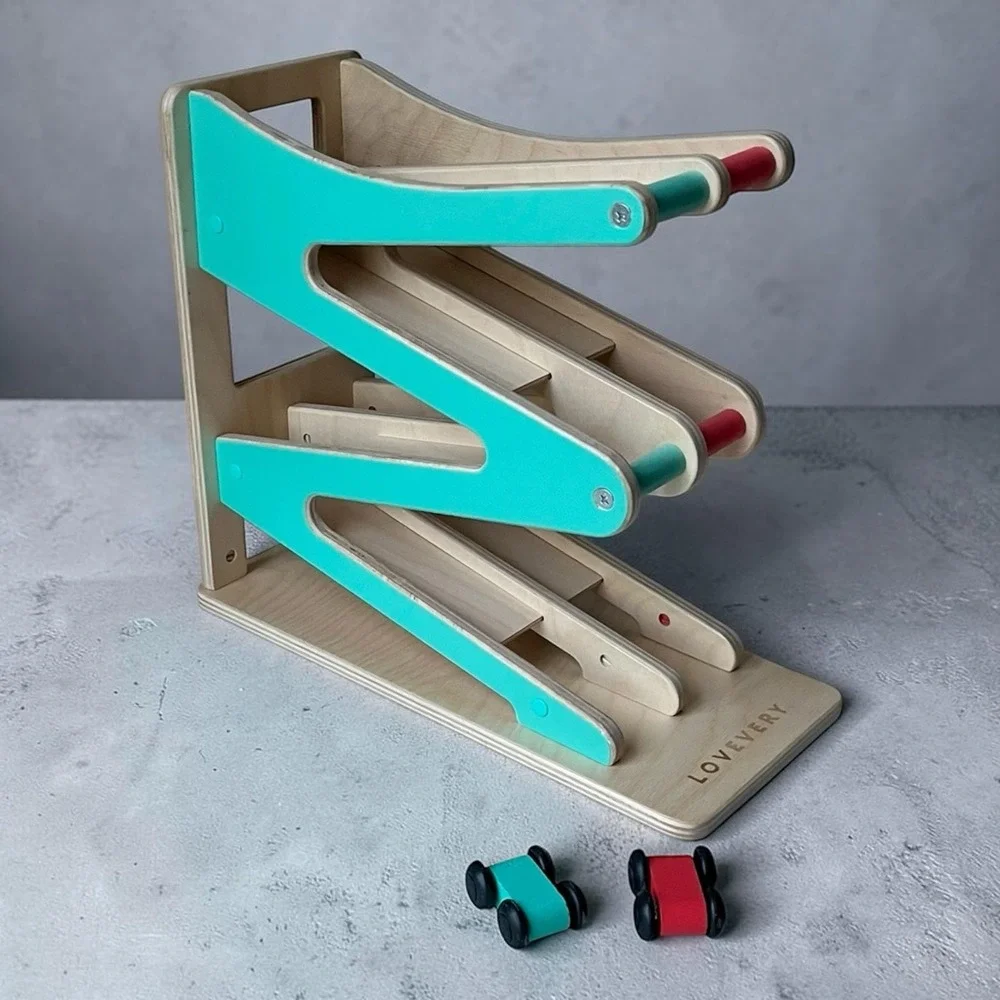 LOVEVERY Race and Chase Ramp Wooden Side by Side w/ 2 Cars Adventurer Toy Play